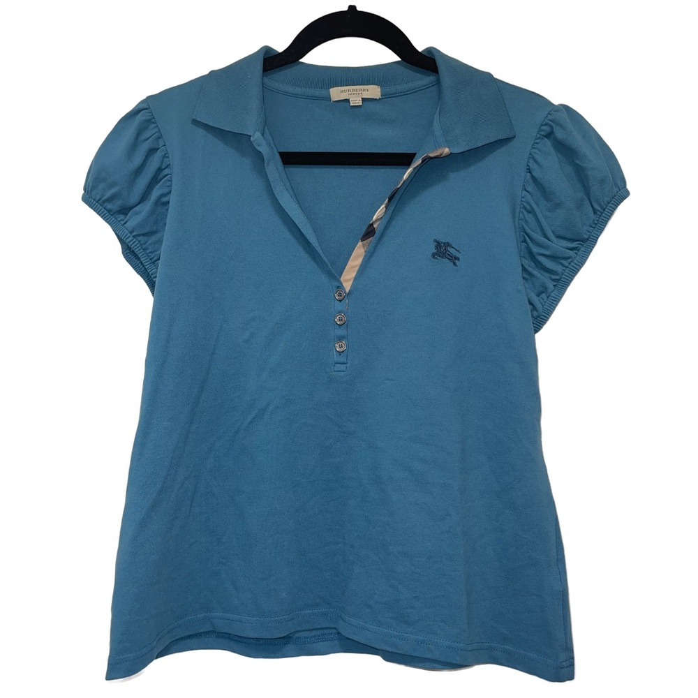 Burberry Vintage Turquoise Blue Teal Puff Sleeve Collared Polo Y2K Size Small